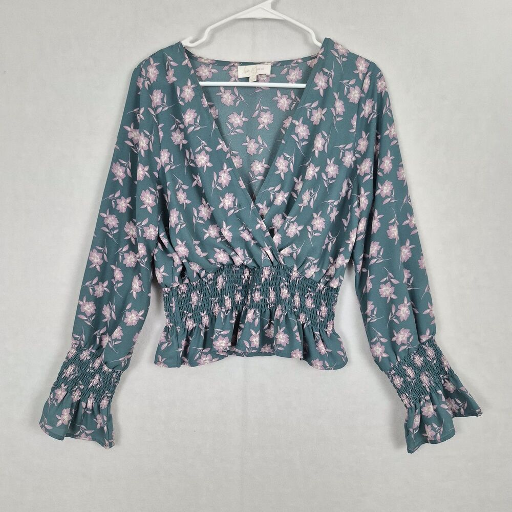 Love & Piece Floral Green Surplice Cropped Ruffled Top Medium Smocked Romantic